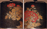 Inrō with Flowering Peonies, Four cases; lacquered wood with gold, silver, red togidashimaki-e on black lacquer ground; Netsuke: carved ivory; sage with a handscroll; Ojime: carved red lacquer bead, Japan