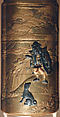 Case (Inrō) with Design of Momotarō and Dog on the way to the Island of the Devils (obverse); Monkey with Pheasant (reverse), Kogyoku Tokayo, Lacquer with sprinkled, polished, and relief makie gold and silver, metal inlay; Interior: gyobu nashiji and fundame; Netsuke: Eight masks, Japan