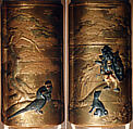 Case (Inrō) with Design of Momotarō and Dog on the way to the Island of the Devils (obverse); Monkey with Pheasant (reverse), Kogyoku Tokayo, Lacquer with sprinkled, polished, and relief makie gold and silver, metal inlay; Interior: gyobu nashiji and fundame; Netsuke: Eight masks, Japan