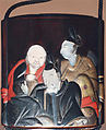 Case (Inrō) with Design of Six Immortal Poets, Kajikawa School, Gold and silver maki-e with black and red lacquer relief and mother-of-pearl inlay; Ojime: bronze Bodhidharma; Netsuke: carved lacquer Chinese children and auspicious symbols, Japan