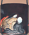 Case (Inrō) with Design of Six Immortal Poets, Kajikawa School, Gold and silver maki-e with black and red lacquer relief and mother-of-pearl inlay; Ojime: bronze Bodhidharma; Netsuke: carved lacquer Chinese children and auspicious symbols, Japan