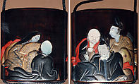 Case (Inrō) with Design of Six Immortal Poets, Kajikawa School, Gold and silver maki-e with black and red lacquer relief and mother-of-pearl inlay; Ojime: bronze Bodhidharma; Netsuke: carved lacquer Chinese children and auspicious symbols, Japan