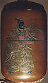 Inrō with Kyōgen Dancer with Quiver from “The Monkey Skin Quiver” (obverse); Dancer with Fan and Sword (reverse), Five cases; lacquered wood with gold, silver, red, black takamaki-e, hiramaki-e on gold lacquer ground; Netsuke: carved ivory; folded obi sash; Ojime: metal bead with autumn grasses, Japan
