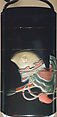 Case (Inrō) with Design of Bugaku Hat (obverseI; Shō Flute and Cymbals (reverse), Sprinkled gold lacquer with inlaid mother-of-pearl, pottery, and pewter; Interior: nashiji and fundame; Ojime: marble; Netsuke: wood with lacquer decoration of books, Japan