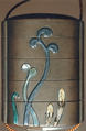 Case (Inrō) with Design of Spring Fern and Horsetail (obverse); Deer (reverse), Ogawa Haritsu (Ritsuō) (Japanese, 1663–1747), Ceramic, mother-of-pearl, pewter on brown lacquer with sprinkled gold
Ojime: bead; agate
Netsuke: ivory and wood, Japan