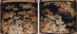 Case (Inrō) with Design of Young Pines Growing beside Gnarled Pine Trees, Lacquer, roiro, gold and silver hiramakie, togidashi, nashiji; Interior: fundame, Japan