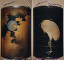 Case (Inrō) with Design of Heron Standing on One Leg (obverse); Full Moon among Clouds (reverse), Silver, gold, color togidashi/maki-e on black ground; 
Interior: nashiji and fundame, Japan