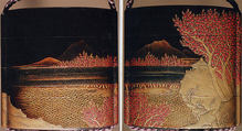 Case (Inrō) with Design of Pavilion on Rocks above Waves, with Flowering Plum Trees, Lacquer, roiro, gold and red hiramakie, gold and silber togidashi, nashiji; Interior: nashiji and fundame, Japan