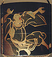 Case (Inrō) with Design of Courtier Cleaning Another's Ear (obverse); Courtier Laughing (reverse), Kajikawa Hidetaka, Lacquer, roiro, gold, brown and red togidashi, nashiji; Netsuke: fukurokuju
Interior: nashiji and fundame, Japan