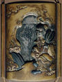 Case (Inrō) with Design of Sage beside a Waterfall (obverse); Tiger beside Rocks and Maple Tree (reverse), Metal, brass, sentoku metal, incised, openwork, various applied metals
Interior: silver metal, Japan