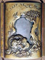 Case (Inrō) with Design of Sage beside a Waterfall (obverse); Tiger beside Rocks and Maple Tree (reverse), Metal, brass, sentoku metal, incised, openwork, various applied metals
Interior: silver metal, Japan