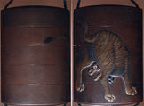 Case (Inrō) with Design of Tiger Seen from Behind, Lacquer, shibuichi coloured ground, gold, silver and red hiramakie, inlaid eye; Interior: red lacquer & silver fundame, Japan