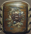Case (Inrō) with Design of Flowering Lotus (obverse); Flowering Peony and Lotus (reverse), Metal, shibuichi, various applied metals, shakudo and gold; Interior: brown metal, Japan