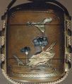 Case (Inrō) with Design of Flowering Lotus (obverse); Flowering Peony and Lotus (reverse), Metal, shibuichi, various applied metals, shakudo and gold; Interior: brown metal, Japan