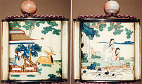 Case (Inrō) with Design of Woman in Building Looking at a Stag (obverse); Two Men By a River with Rocks and Waterfall (reverse), Ivory, blue, green, yellow and red enamels, ebony lid and bottom; Interior: red lacquer, Japan