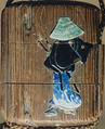 Case (Inrō) with Design of Samurai with Large Hat Beside a Weeping Willow, Wood, natural brushed wood, black and gold hiramakie, ceramic inlay; Interior: plain, Japan