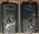 Case (Inrō) with Design of Urashima Tarō Riding a Fish among Waves (obverse); Dragon King and His Daughter on Shore (reverse), Metal, silver metal, incised, openwork, relief, applied metals; Interior: silver metal, Japan