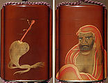 Case (Inrō) with Design of Daruma (obverse);  Fly Whisk (Hossu) (reverse), Lacquer, tan, brown ground, gold, black and red togidashi; Interior: nashiji and fundame, Japan