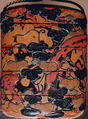 Case (Inrō) with Design of Praying Mantis beside Broken Wheel Overgrown with Vines, Lacquer, wakasa nuri, yellow, red marbled ground, black, grey and brown lacquer; Interior: roiro, Japan
