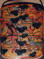 Case (Inrō) with Design of Praying Mantis beside Broken Wheel Overgrown with Vines, Lacquer, wakasa nuri, yellow, red marbled ground, black, grey and brown lacquer; Interior: roiro, Japan