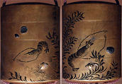 Case (Inrō) with Design of Crawfish and Scattered Shells beside Water Weeds and Plants, Hogen Dohaku (died 1851), Lacquer, fundame, sumie togidashi, applied metals; Interior: nashiji and fundame, Japan