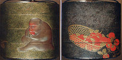 Case (Inrō) with Design of Basket of Persimmons (obverse); Monkey Eating Persimmon (reverse), Mori Sosen (Japanese, 1747–1821), Lacquer, gold and silver hirame, gold, red and coloured hiramakie, takamakie; Interior: red lacquer, fundame and decoration; the interior risers decorated in gold and silver togidashi with various brocade pattern, key-fret, waves, etc., Japan