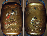 Case (Inrō) with Design of Ebisu and Daikoku Dancing beneath New Year's Decorations, Nikkōsai, Gold lacquer with gold and colored hiramkie sprinkled and polished lacquer and ivory inlay; Netsuke: polished wood button; Ojime: red lacquer bead; Interior: nashiji and fundame, Japan