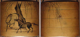 Case (Inrō) with Design of Two Horses beneath Leafless Weeping Willow Tree, Lacquer, fundame, sumie togidashi; Interior: red lacquer and fundame, Japan