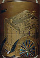 Case (Inrō) with Design of Imperial Cart and Flying Herons (obverse); Court Carriage and Flying Herons (reverse), Kajikawa School, Gold and silver maki-e with mother-of-pearl inlay and black lacquer; Ojime: agate bead; Netsuke: metal king of hell, Japan