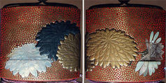 Case (Inrō) with Design of Large Chrysanthemum Blossoms, Lacquer, red, hirame, gold, silver and black takamakie, raden inlay; Interior: red lacquer and fundame, Japan