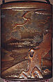 Case (Inrō) with Design of God of Longevity (Jurōjin) and a Small Boy with a Tortoise (obverse); Pine Tree by Stream (reverse), Kakōsai, Gold and nashiji ('pear skin') lacquer with metal inlay and gold, silver, and brown hiramakie sprinkled and polished lacquer; Interior: nashiji and fundame; Ojime: coral bead, Japan