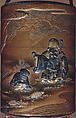 Case (Inrō) with Design of God of Longevity (Jurōjin) and a Small Boy with a Tortoise (obverse); Pine Tree by Stream (reverse), Kakōsai, Gold and nashiji ('pear skin') lacquer with metal inlay and gold, silver, and brown hiramakie sprinkled and polished lacquer; Interior: nashiji and fundame; Ojime: coral bead, Japan
