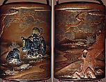 Case (Inrō) with Design of God of Longevity (Jurōjin) and a Small Boy with a Tortoise (obverse); Pine Tree by Stream (reverse), Kakōsai, Gold and nashiji ('pear skin') lacquer with metal inlay and gold, silver, and brown hiramakie sprinkled and polished lacquer; Interior: nashiji and fundame; Ojime: coral bead, Japan