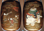 Case (Inrō) with Design of Caparisoned Elephant Standing beneath Pine Tree (obverse); Three Children with Trumpet, Cymbals and Banner (reverse), Lacquer, kinji, gold, red, black and brown hiramakie, various inlay; Interior: nashiji and fundame, Japan