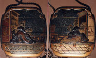 Case (Inrō) with Design of Sages Seated beside Table in Front of Screens, Lacquer, kinji, gold, silver, dark brown and red hiramakie, aogai, white lacquer; Interior: nashiji and fundame, Japan