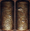 Case (Inrō) with Design of Shishi Dog Throwing its Young from Rocks (obverse); Shishi Dog Climbing up a Cliff (reverse), Lacquer, kinji, gold and silver hiramakie, takamakie, kirigane, applied metal; Interior: nashiji and fundame, Japan