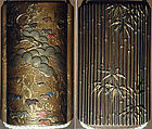 Saya Inrō with Pine and Ivy (obverse) and Bamboo Grove (reverse), Sheath shape; lacquered wood with gold and silver takamaki-e, hiramaki-e, togidashimaki-e, and colored ivory inlay on gold lacquer ground Netsuke: kagamibuta type, lotus pad with frog; stained ivory and metal, Japan