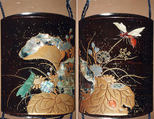 Case (Inrō) with Design of Flowering Plants with Dragonfly and Insects, Lacquer, roiro, hirame, gold and red hiramakie, aogai, raden, stained ivory; Interior: nashiji and fundame, Japan