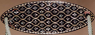 Inrō with Geometric Pattern, Four cases; lacquered wood with metal and mother-of-pearl inlay on black lacquer ground; Netsuke: ryūsa type carved ivory; floral design; Ojime: metal bead with chrysanthemum, Japan