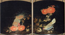 Case (Inrō) with Design of Rooster, Hen and Chicks beside Flowering Chrysanthemums, Lacquer, roiro, gold and red togidashi, gold and coloured hiramakie; Interior: red lacquer, nashiji and fundame, Japan