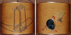 Case (Inrō) with Design of Noh Mask with Red Sun above Pine Trees (obverse); Props for a Noh Play (reverse), Lacquer, fundame, gold, silver, black and red hiramakie, gold and silver foil; Interior: red lacquer and fundame, Japan