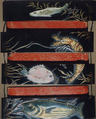 Case (Inrō) with Design of Fish among Seaweeds, Lacquer, roiro, gold hiramakie, raden, stained horn, ivory, chinkinbori; Interior: red lacquer and fundame, chinkinbori decoration, Japan