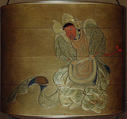 Case (Inrō) with Design of Bugaku Dancer in Red Mask (obverse); Drummer Playing Temple Drum (reverse), Lacquer, kinji, gold and coloured hiramakie, takamakie, gold foil; Interior: nashiji and fundame, Japan