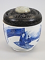 Jar with theatrical scene, Porcelain painted in underglaze cobalt blue (Jingdezhen ware), wooden lid with a jade knob, China
