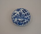 Seal paste box with boys and mythical beast qilin, Porcelain painted in underglaze cobalt blue (Jingdezhen ware), China