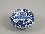 Seal paste box with boys and mythical beast qilin, Porcelain painted in underglaze cobalt blue (Jingdezhen ware), China