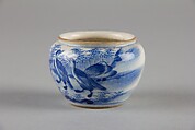 Bird feeder with geese, Soft-paste porcelain painted in underglaze cobalt blue (Jingdezhen ware), China