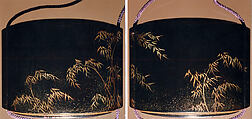 Saya Inrō with Bamboo Grove (exterior) and Rooster with Hen (interior), Koma Sadahide (Japanese, active second half of the 18th century), Sheath shape; lacquered wood with gold and silver togidashimaki-e on black lacquer ground Netsuke: sage lashing his back with a fly whisk; wood with coral and ivory inlay Ojime: bronze bead with metal inlay of flowers, Japan
