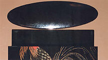 Saya Inrō with Bamboo Grove (exterior) and Rooster with Hen (interior), Koma Sadahide (Japanese, active second half of the 18th century), Sheath shape; lacquered wood with gold and silver togidashimaki-e on black lacquer ground Netsuke: sage lashing his back with a fly whisk; wood with coral and ivory inlay Ojime: bronze bead with metal inlay of flowers, Japan