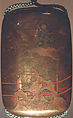 Inrō with the Queen Mother of the West (Seiōbo); Boy with a Peach (reverse), Four cases; lacquered wood with gold, silver, and color (iroko) togidashimaki-e on gold groundNetsuke: gold takamaki-e chrysanthemums (signed: Shigenori)Ojime: gold bead with chrysanthemum and butterflies in relief, Japan